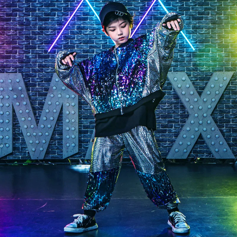 Children\'s Performance Clothing Suit Drum Set Boys Sequins Silver Walkout Hip-Hop Street Dance Girls Clothes Fashion Suit