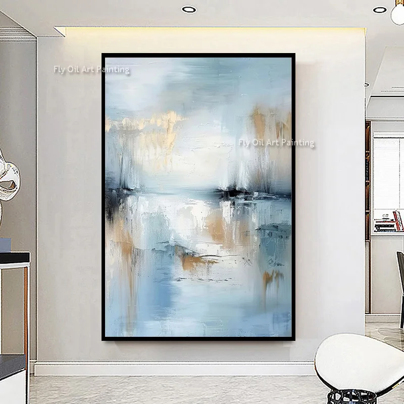 Palette Knife Handmade Ocean Reflection Canvas Art, Soft Blue Layered Textured Painting, Coastal Living Room Decoration
