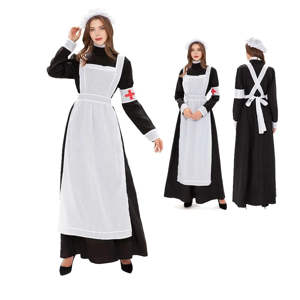 

Викторианский стиль, костюмы для Хэллоуина, карнавала, фантазия, женское черное платье, фартук, набор