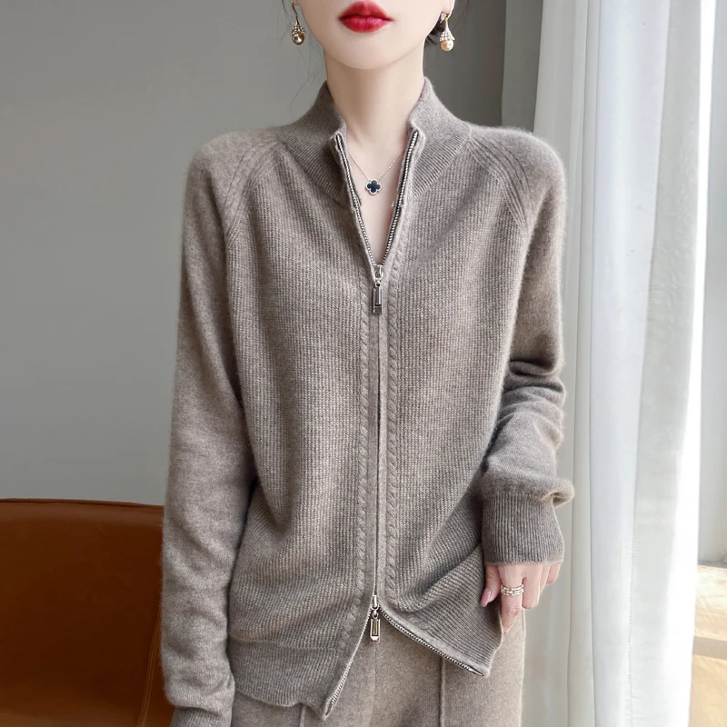 Women's Coat 100% Pure Wool Women's Zipper Knitted Cardigan Spring Autumn Long Sleeved Sweater Casual Stand up collar Shirt Tops