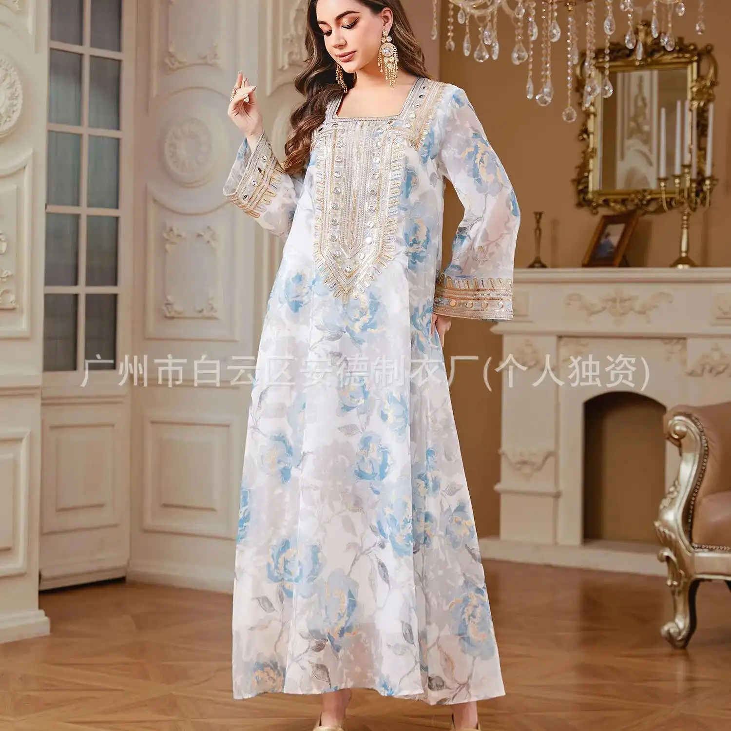 

Musilin New Women's Fashion Printed Robe Embroidered Abaya Long Dress Long Dress Robe Abaya Ramadan Dubai Luxury Islam Elegant