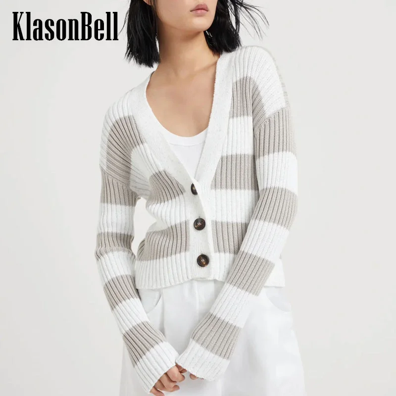 

7.11 KlasonBell Ribbed Sequins 100% Cashmere Knitted Cardigan For Women Classic Contrast Color Striped V-Neck Short Coat