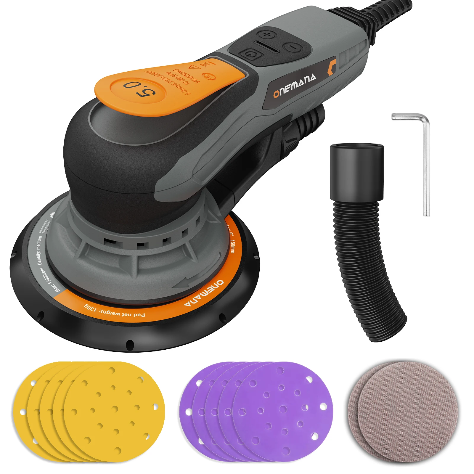 5.0mm Random Orbital Sander, 350W Brushless Motor Electric Palm Sander for Woodworking, 6 Variable Speeds to 10000RPM, Multi-function Sander with 6Inch Backing Plate, 10 Sanding Papers