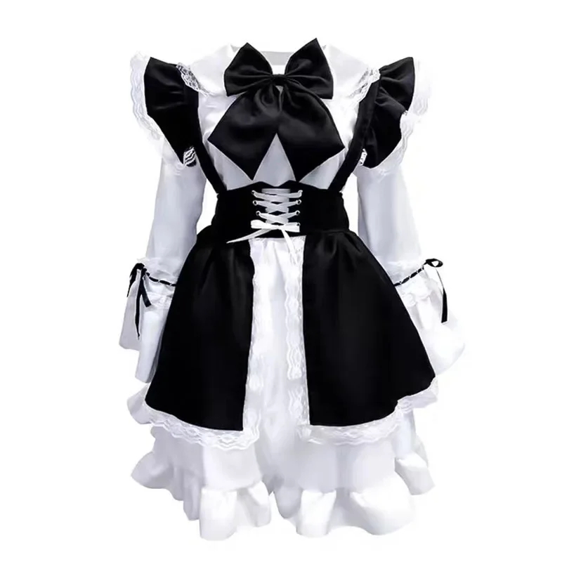 Traje de sirvienta Lolita para mujer, disfraz de cafetería erótico, vestido de uniforme blanco y negro, bonito vestido con lazo