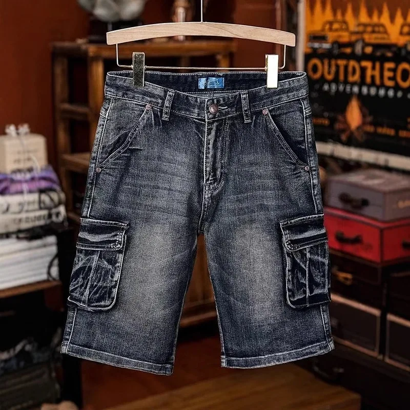 

Men's Women's Denim Shorts High-end Three-dimensional Pocket Workwear Washed Retro Five Quarter Pants