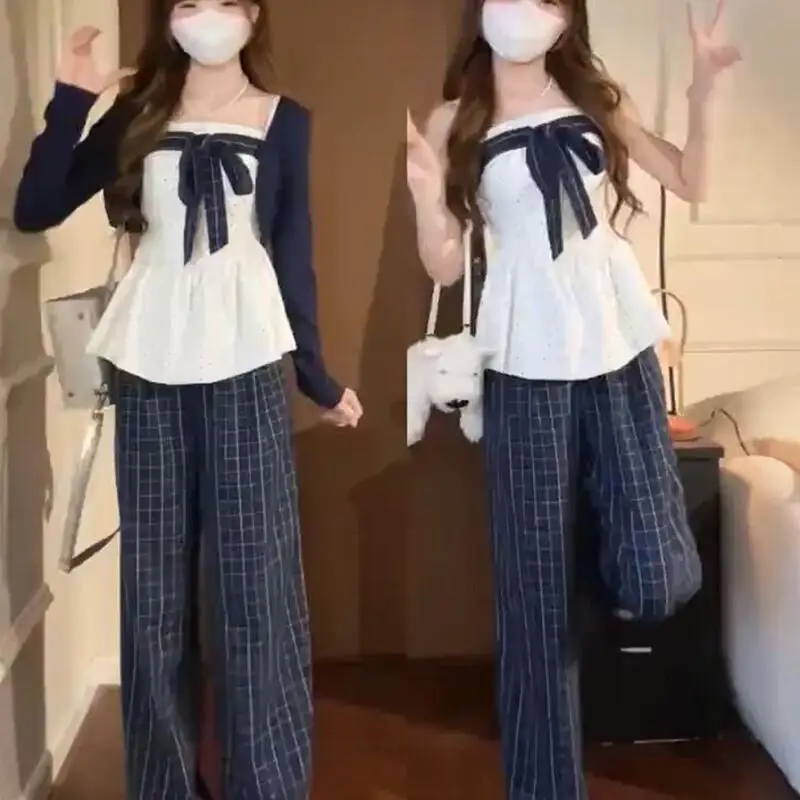 

Kawaii Girl Tops Camisole Pants Set Fashion Student Spring Autumn Cartoon Casual Coat Long Pants 3-Piece Set Children's Clothing