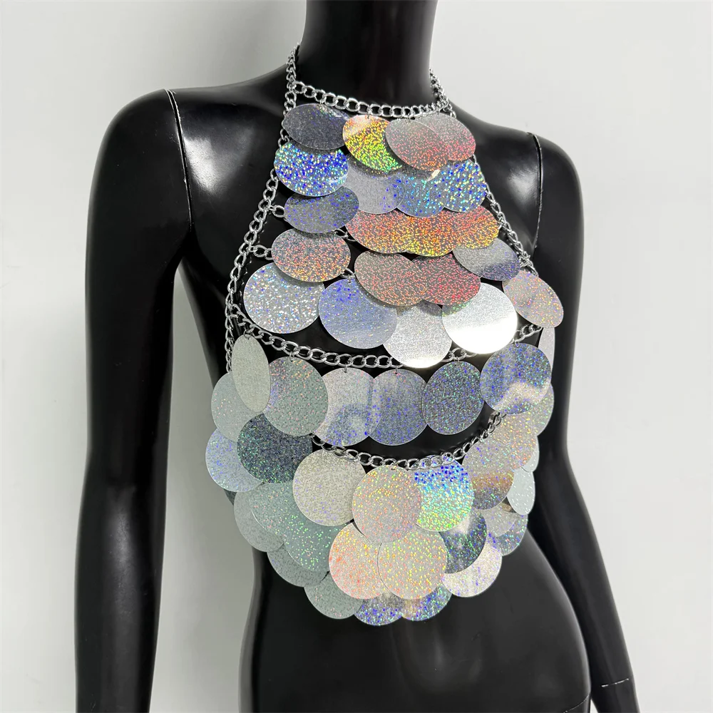 Damen Metall-Pailletten Rückenfreies Top Sexy Ausgeschnittenes Neckholder-Oberteil Handgefertigtes Träger-Top Rave Festival Party Tanktop Crop Top – Detail 14