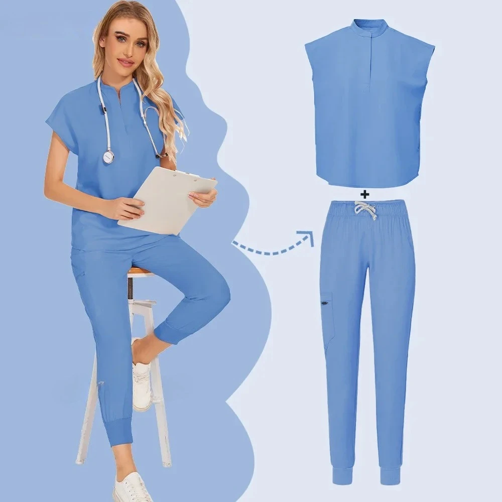 

Blue Hospital Uniform Soft Elastic Fabric Clinic Workwear Operating RoomTop Pants Surgical Clothes Medical Scrub Set Jogger Suit