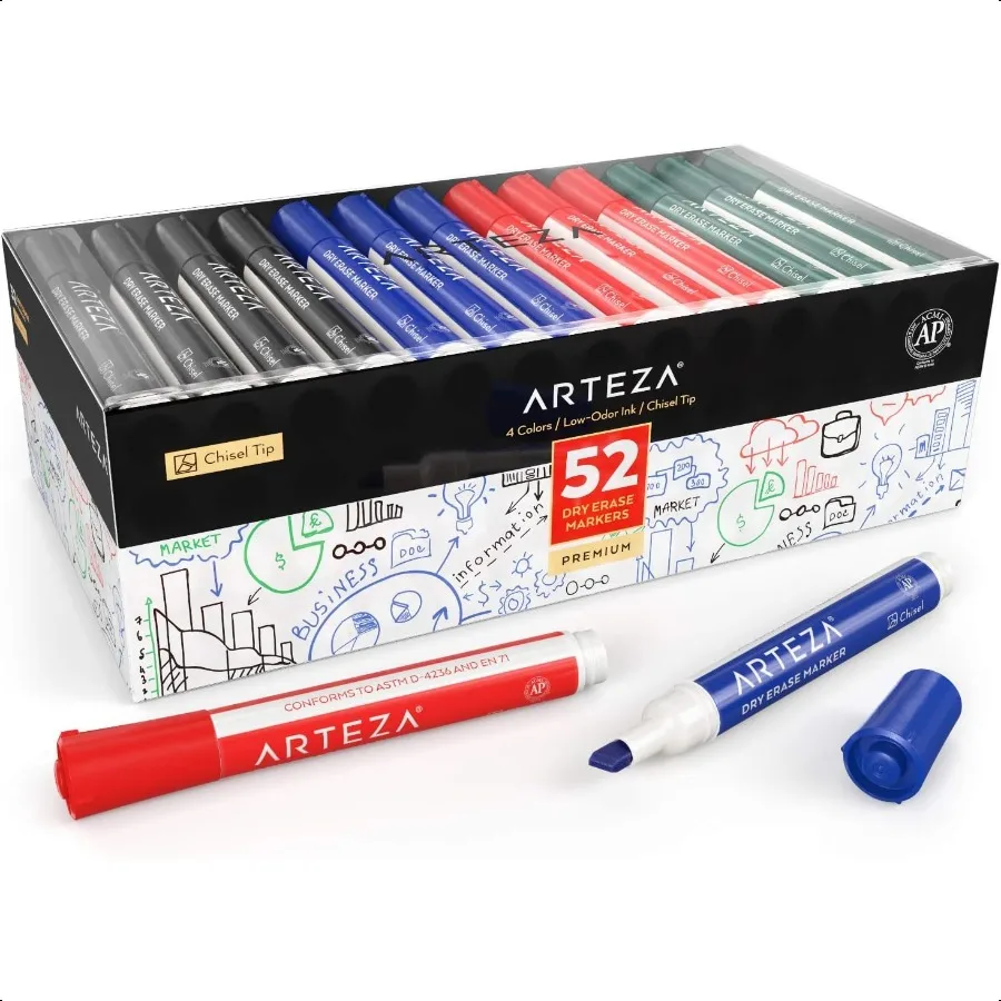 

Dry Erase Markers 52Pack Chisel Tip 4 Assorted Colors LowOdor Ink for Whiteboards Classroom Office or Home Use
