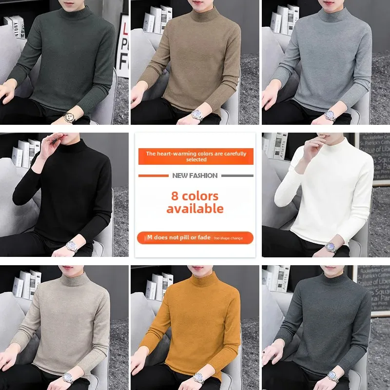 Trendy Half-polo Turtle Neck Sweater For Men Inner Base Layer Top Autumn Winter Solid Color Black Knitted Top Yarn Clothes