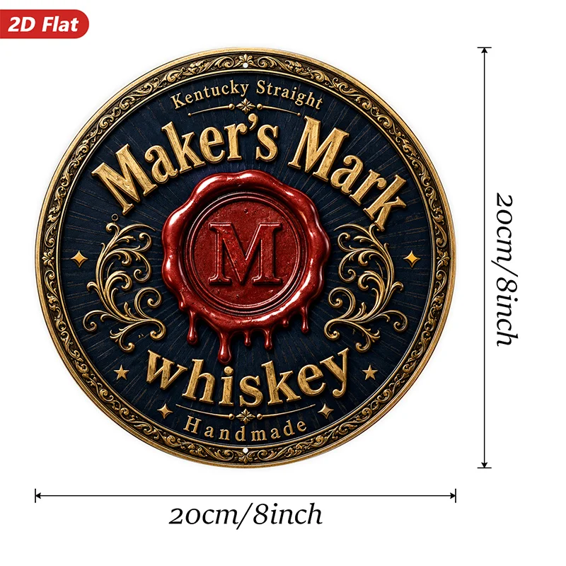 2D Flat, 1pc Round Metal Sign Wall Art, Maker'S Mark Whiskey Decorative Wall Art, Vintage Style, Ornate Design, Alcohol-Themed,