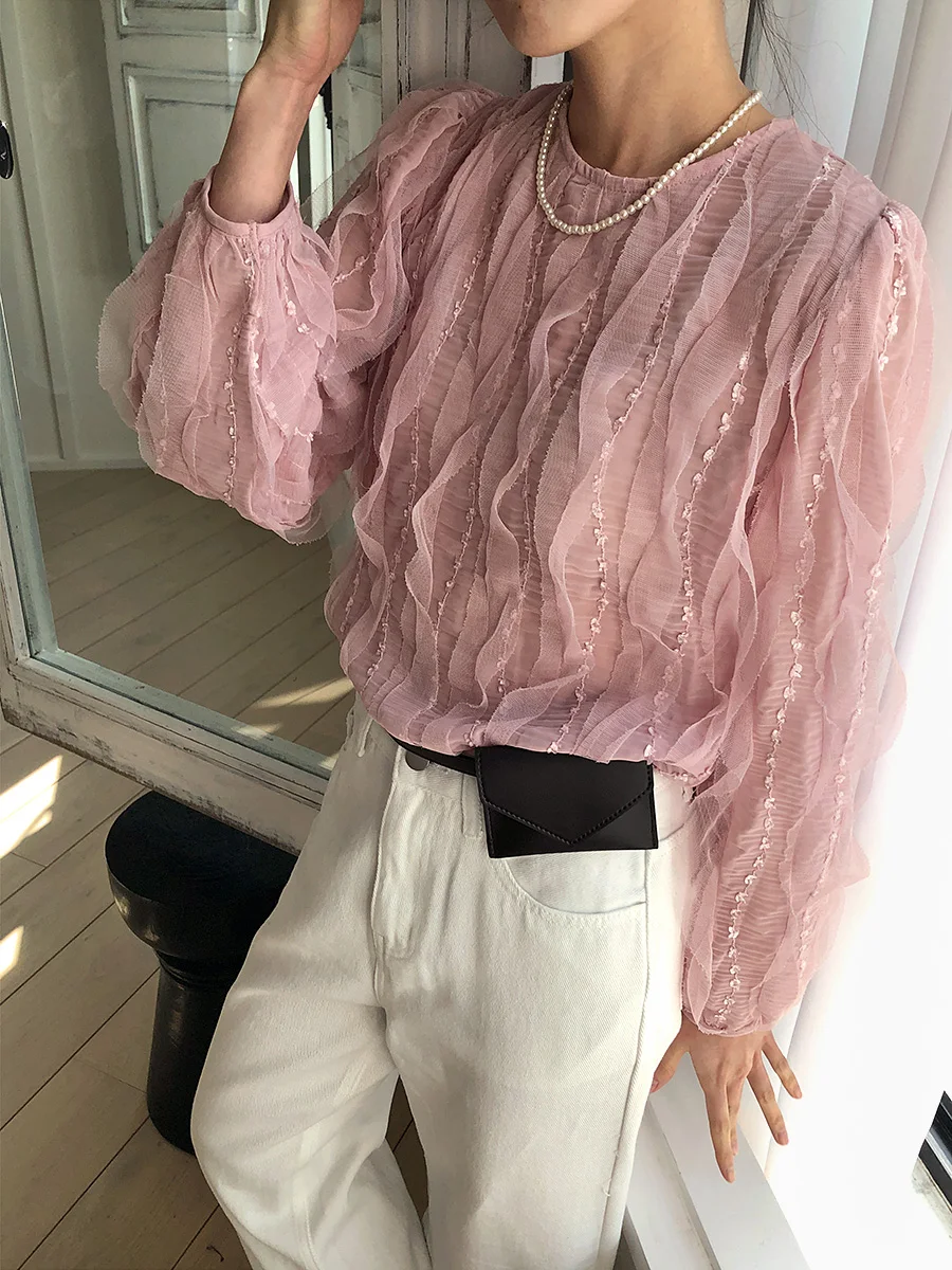 

Lace Trim Me irt Women's Chic round Ne Loose Slimming Semi-Transparent Anti-Aging Versatile Top Trendy Polyester Blend