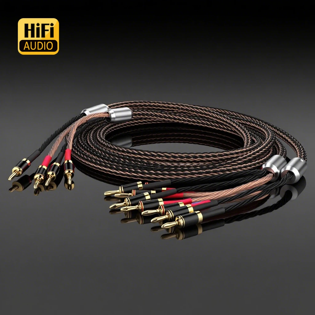 Pair Speaker Cable OCC Silver Plated Loudspeaker 2 to 4 Carbon Fiber Banana Plug Anti-noise Audio Cable for CD Amplifier Mixer