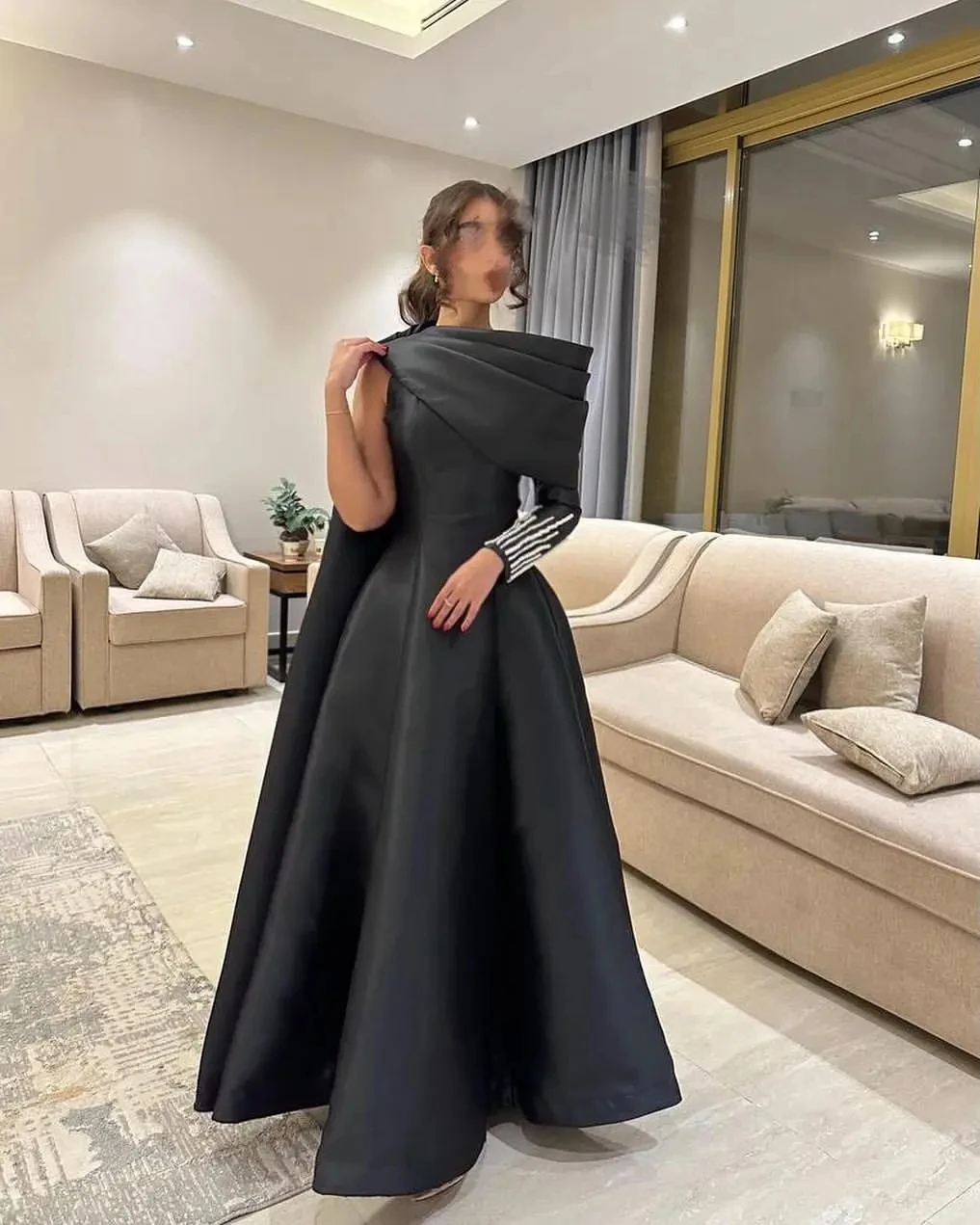 

Romantic Black Satin A-Line One Shoulder Long Sleeve Evening Dresses Beadings Floor Length Formal Prom Dresses Party Dreses