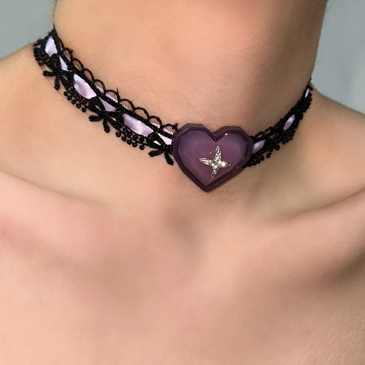 Lace Heart Short Necklace Cross Zircon Black Bow Design Gothic Silk Ribbon Chocker Sexy Fashion Neck Chain Women's Party Jewelry