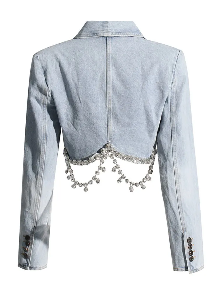 Bpn unregelmäßig gespleißte Diamanten Jeans mantel für Frauen Revers Langarm solide aushöhlen sexy schlanke Jacke weibliche Kleidung Mode