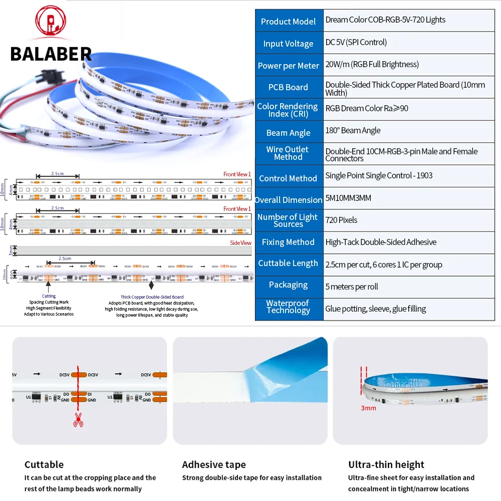 5 فولت RGB COB قطاع WS2811 بلوتوث وحدة تحكم ذكية APP التحكم 720 المصابيح/م الصوت المنشط وأوضاع الموسيقى تشغيل/تأثيرات الشلال
