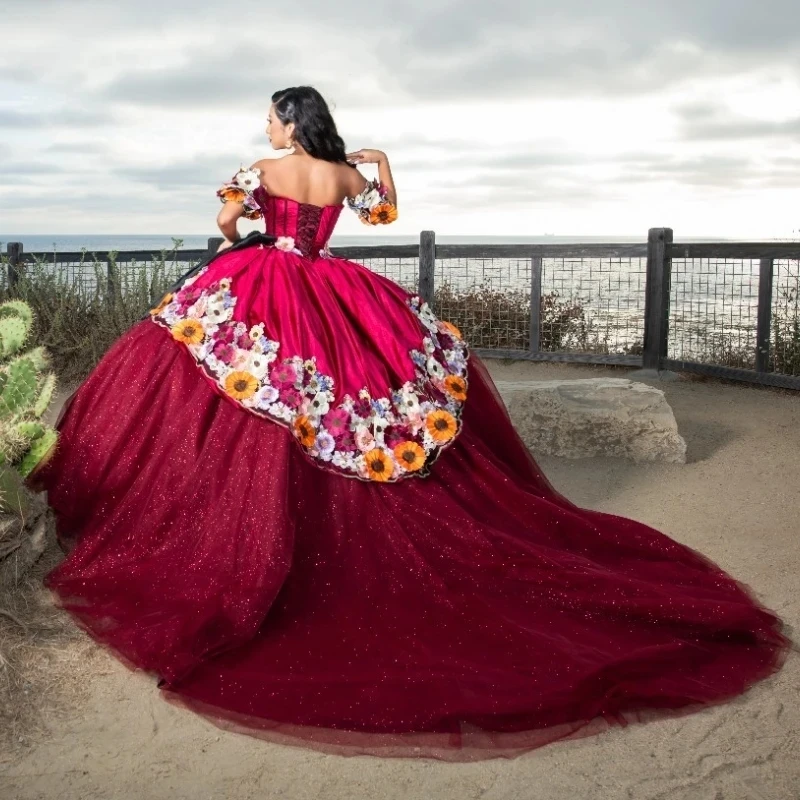 

Red Glitter Off The Shoulder Pleat Ball Gown Quinceanera Dress Appliques Beading Corset Party Prom Vestidos 15 De XV Años