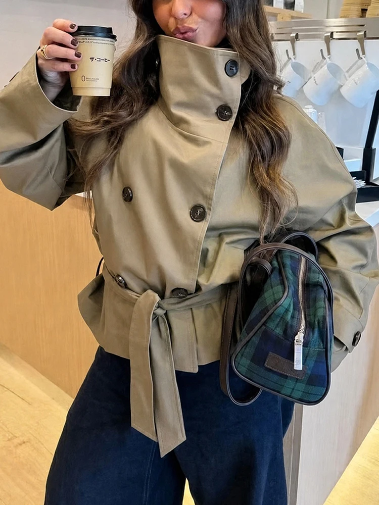 Tredny Solid Loose Coat Elegant Double Row Buckle Waist Strap Outwear Temperament Stand Collar Long Sleeve Office Commute Jacket