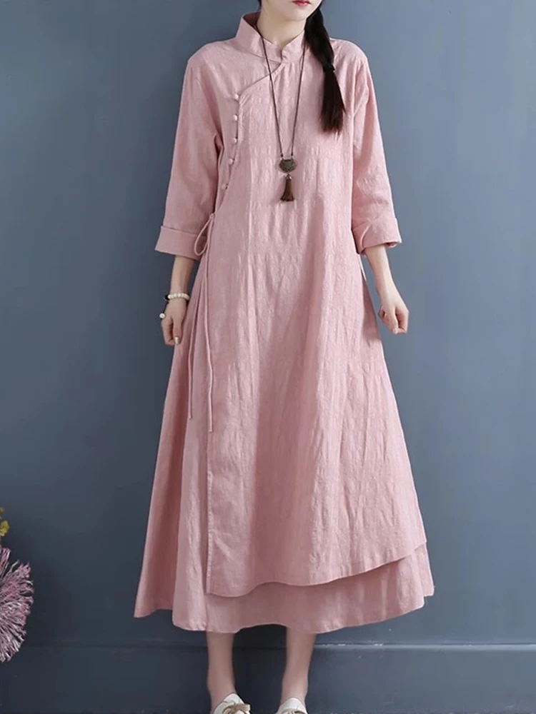 NYFS 2024 Spring Autumn New Womens Dresses Vestidos Robe Elbise Loose Plus Size Cotton Linen Double Layer Long Dress