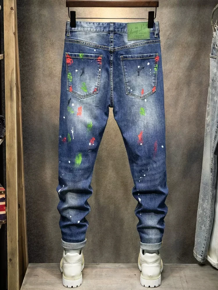 Street Fashion Men Jeans Retro Blue Elastic Stretch Slim Fit Hole Ripped Jeans Men Painted Designer Hip Hop Denim Pants Hombre