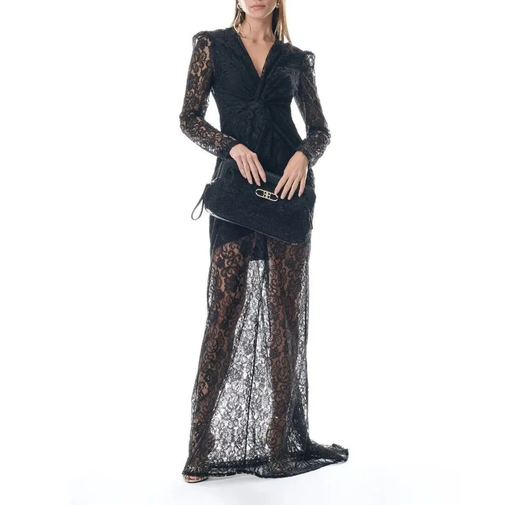 Customized Modest Lace Evening Dress Knotted Straight See Through Bottom vestidos de noche V Neck Full Sleeve Soft Dresses