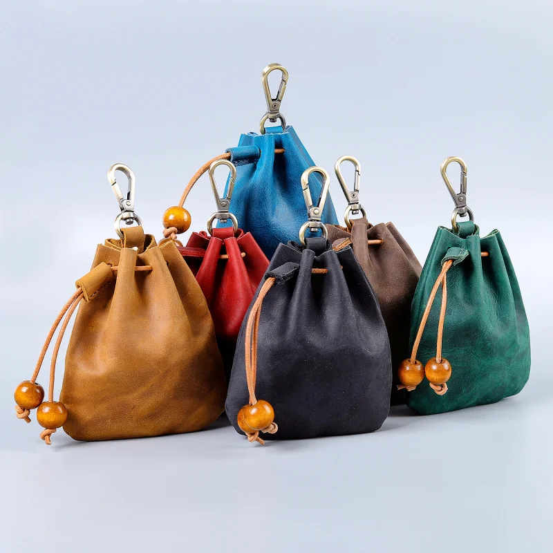 Handmade Leather Coin Purse Genuine Cowhide Minimalist Keychain Waist Bag Unisex Crazy Horse Multi-Function Pouch