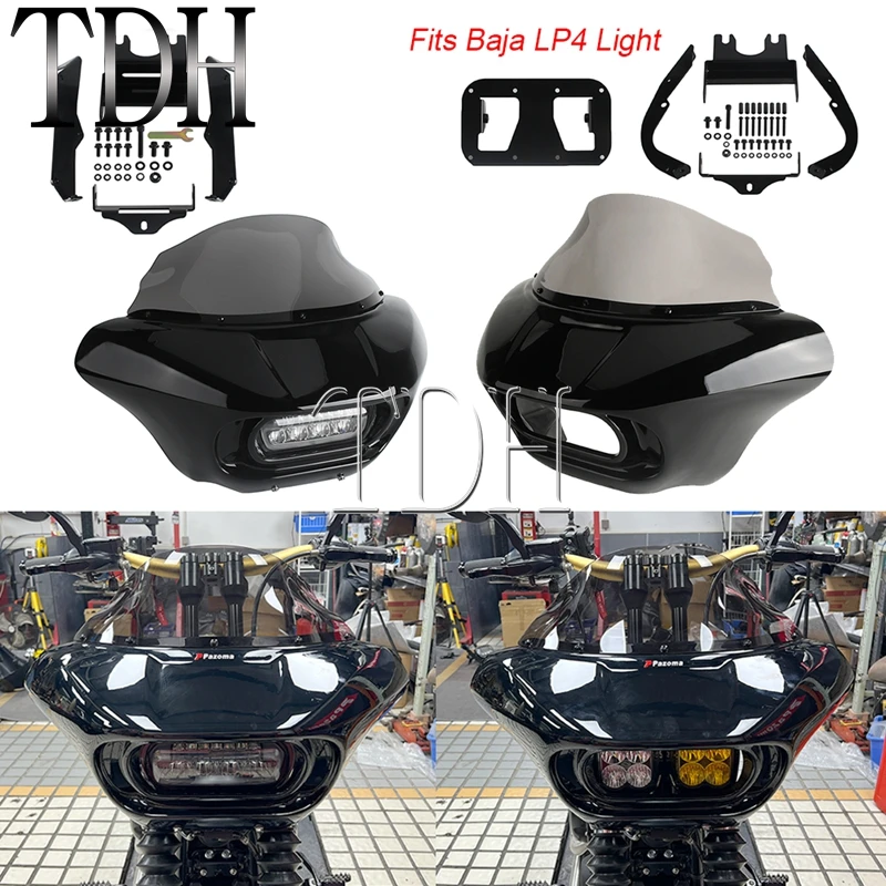 

Motorcycle Shark Style Headlight Fairing For Harley Softail Standard Low Rider Street Bob Baja Designs LP4 Lights Headlamp Mount