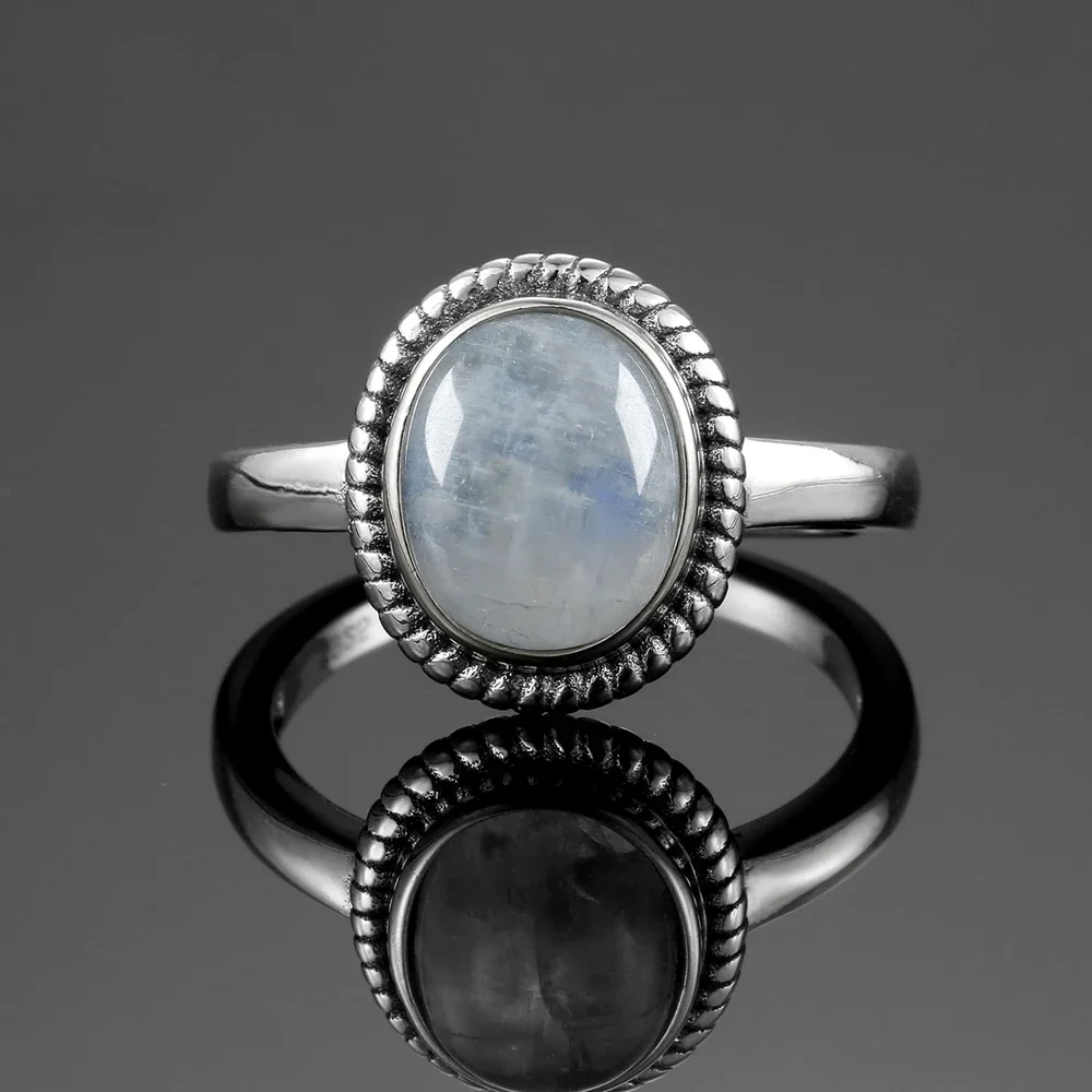 Round Oval Big Natural Moonstones Rings Women\'s 925 Sterling Silver Rings Gifts Vintage Fine Jewelry