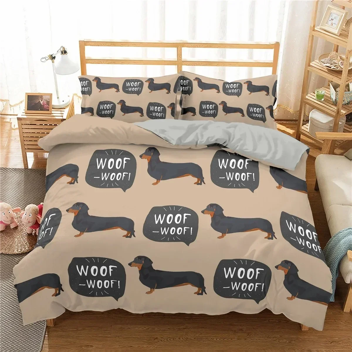 Sausage Dog Print Cartoon Dachshund Puppy Comfortable Duvet Quilt Cover Pillowcase Bedding Set Bedroom Decoration Home Textile