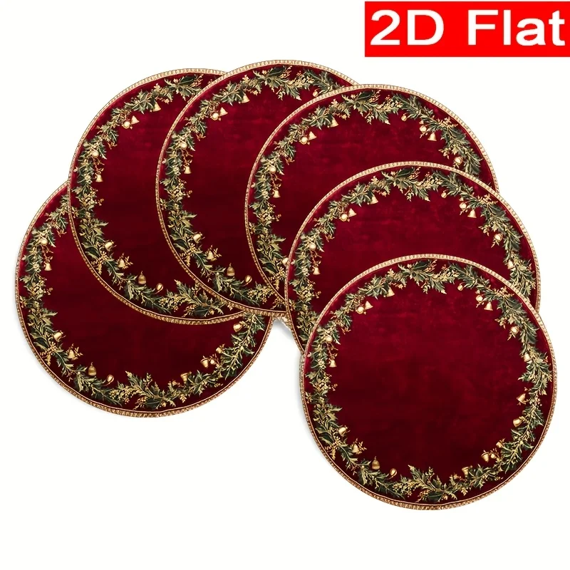 4-Pack Elegant Burgundy And Golden Christmas Placemats - 15-Inch Round Table Mats with Intricate Leaf Design, for Festive Dining