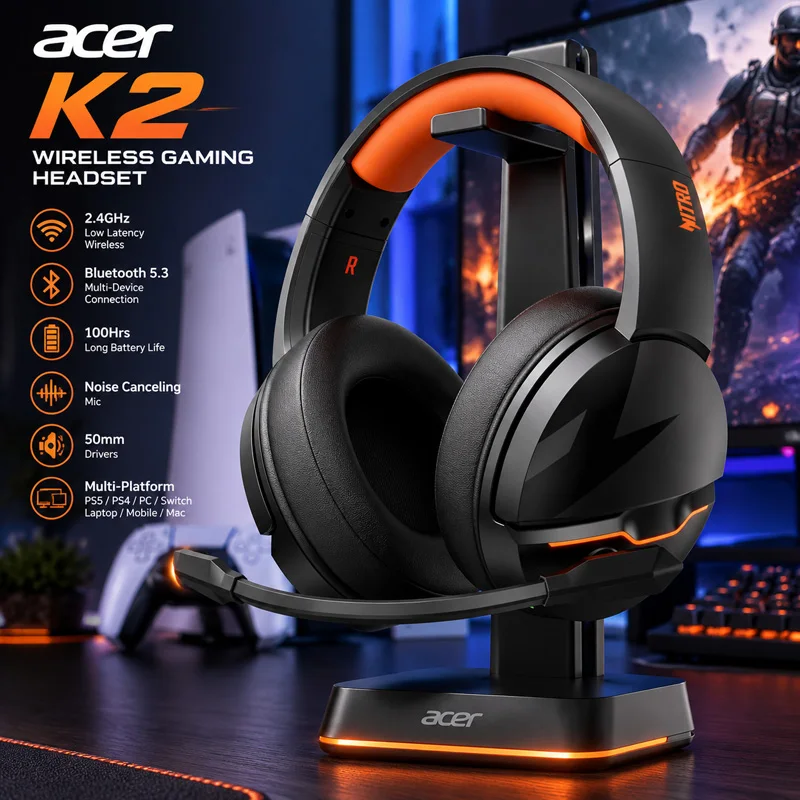 Acer K2 Wireless Gaming Headset Bluetooth 5.3+2.4GHz 100Hrs Gaming Headphones for Ps5, Ps4, PC, Switch with Noise Canceling Mic