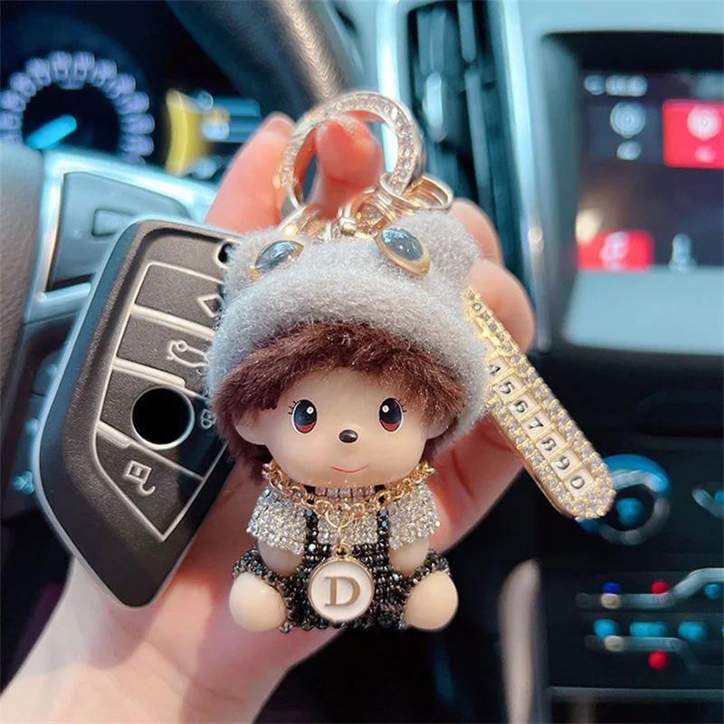 Creative Diamond Knitted Hat Doll Keychain Anti Loss Phone Number Plate Fashion Car Keychain