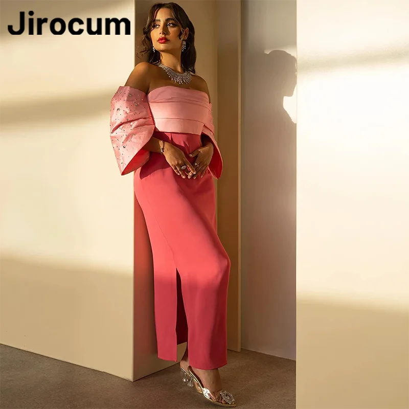 

Jirocum Luxurious Off Shoulder Prom Gowns Women's Strapless Beaded Party Evening Gown Ankle Length Saudi Formal Occasion Dress