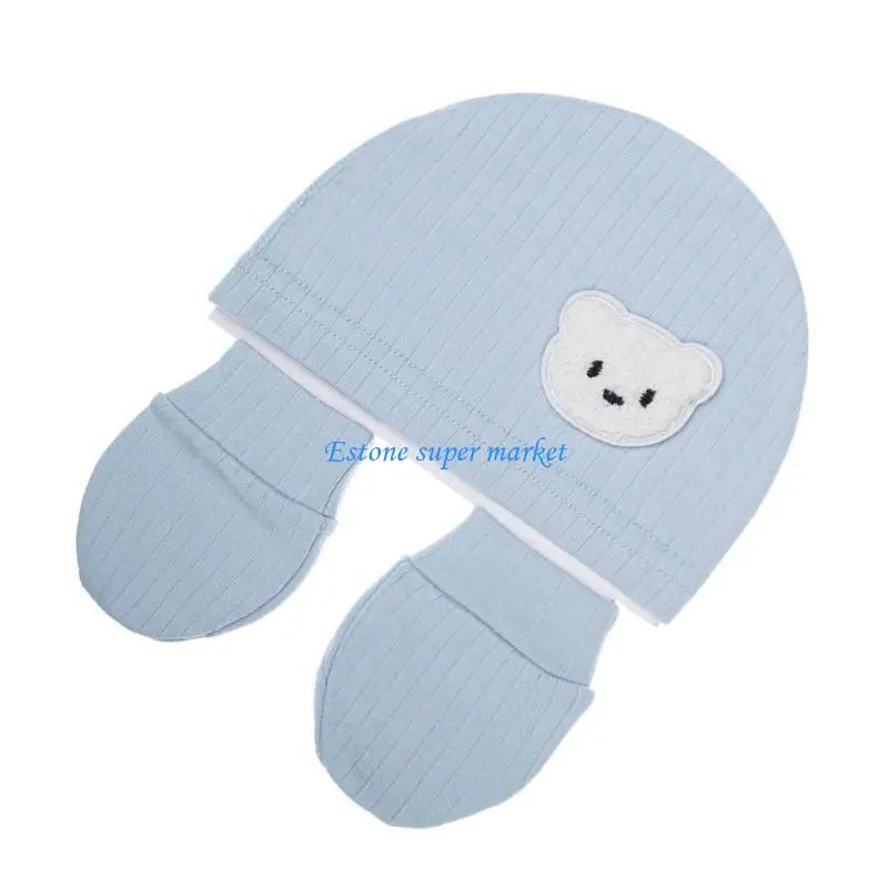 090B Spring Autumn Baby Hat with Anti-scratch Gloves Cartoon Bonnet Caps Soft Breathable Turban Hat Cosy Headgear for Newborns