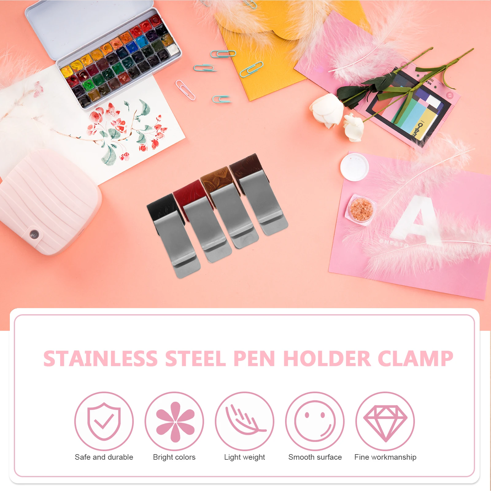 

4Pcs Metal Pen Holder Clamp Retro Stainless Steel Notebook Pen Clip Loop Holder Travel Journal Accessories Office Planner