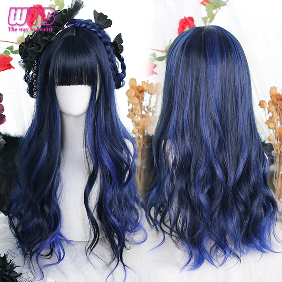 

WTB Long Wavy Blue Cosplay Synthetic Wigs Lolita Halloween With Bangs for Women Party Dailly Heat Resistant Wig