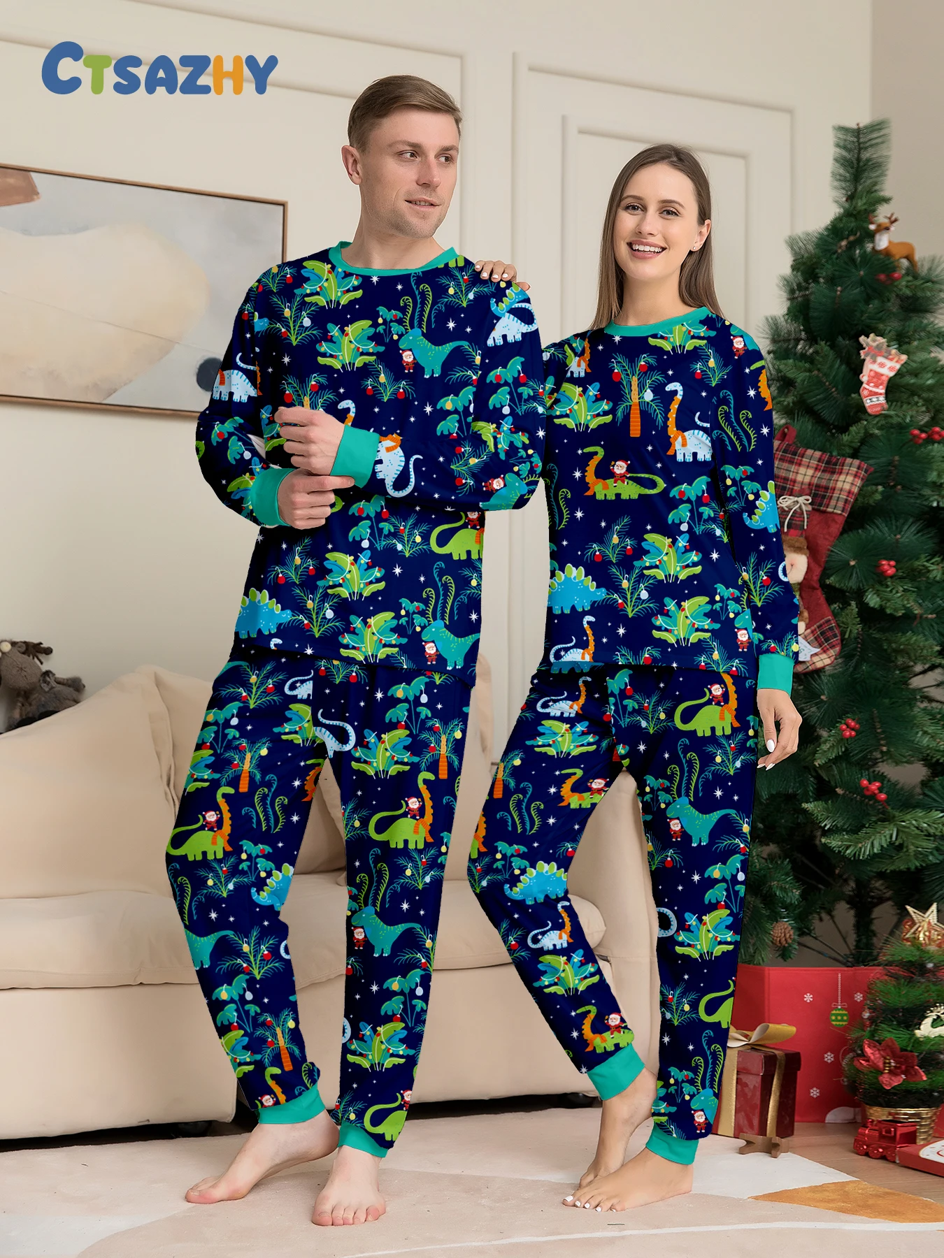 

Одинаковые рождественские пижамные комплекты для пары, темно-синий топ с длинными рукавами, динозавром, праздничными узорами и брюками, одежда для сна