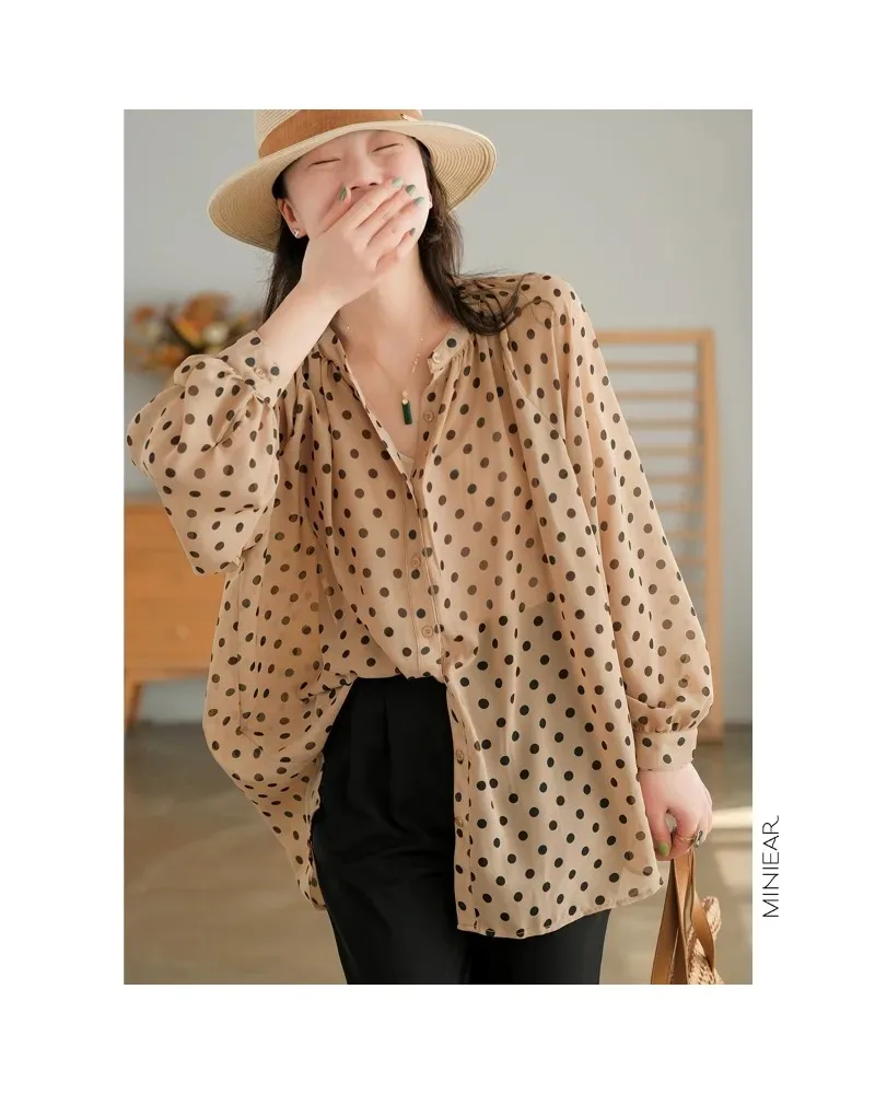 Jiangnan Misty Rain Early Summer New Product Chiffon Polka Dot Shirt Women\'s Long sleeved Top Comfortable Women\'s Original Stock