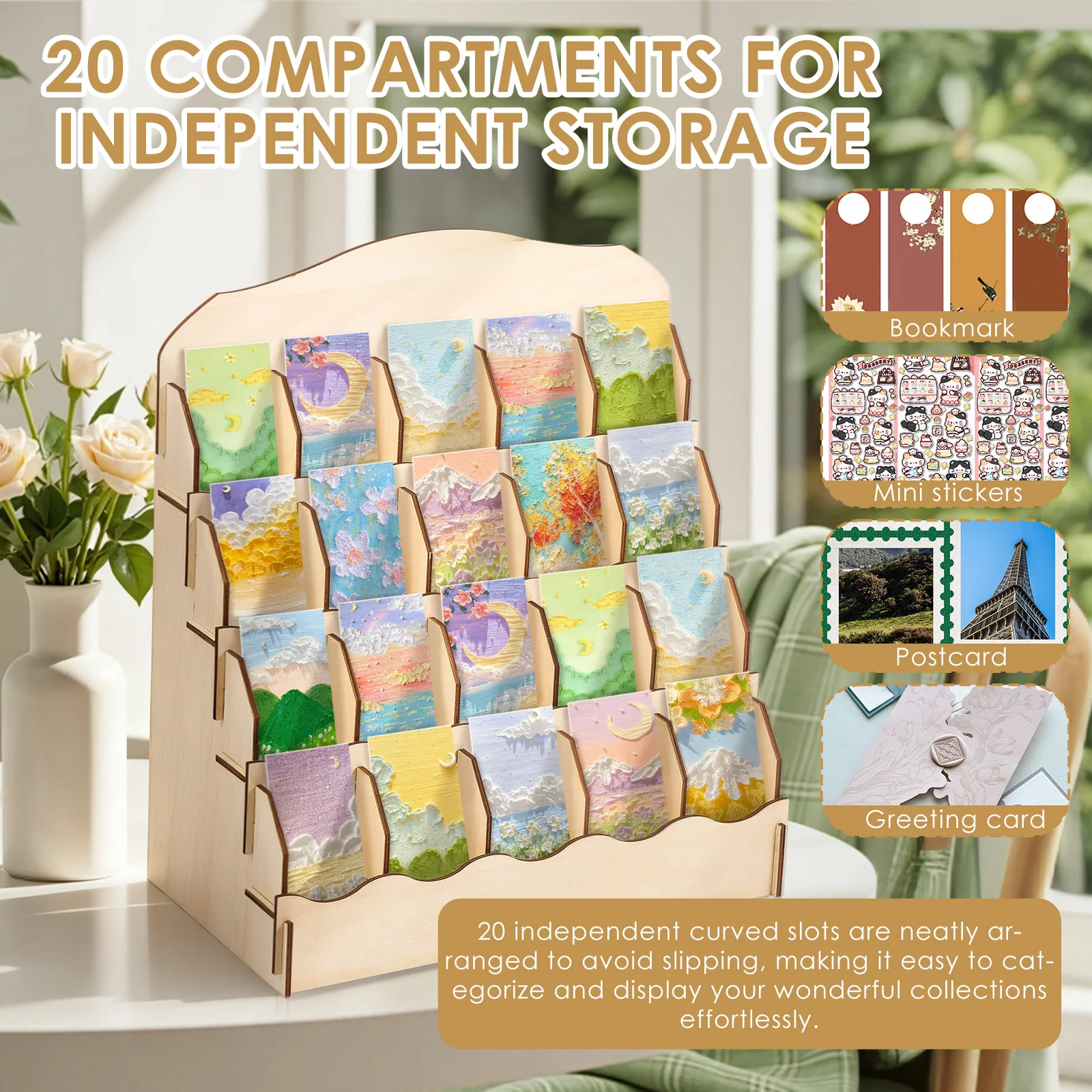 Wood Greeting Card Display Stand 20 Compartments Bookmark Brochure Holder for Magazines Books Journals Desktop Storage