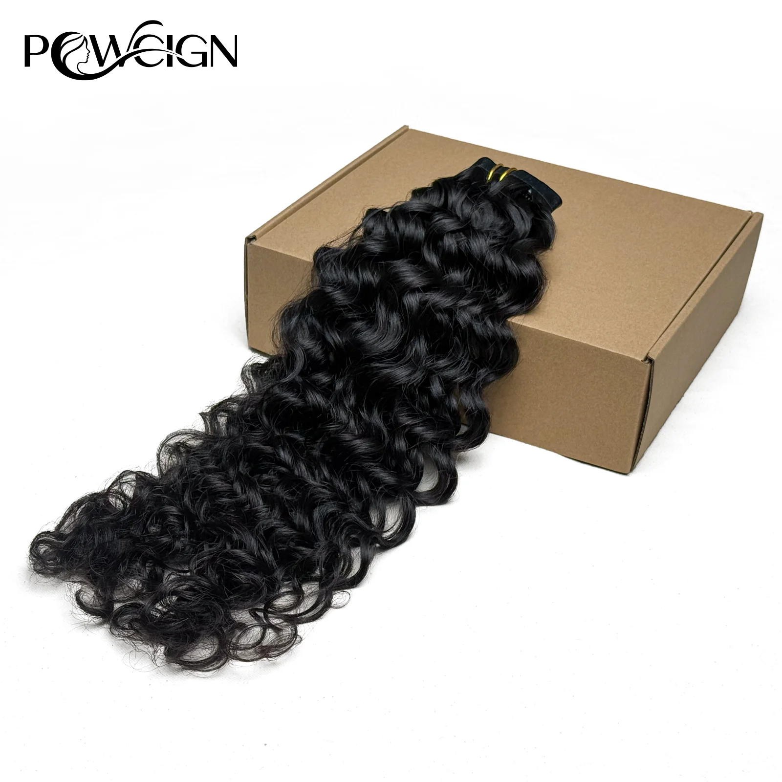 Powcign Clip In Hair Extensions Six-Piece Set Water Wave Human Hair 100% Remy Hair Seamless Weft Clip Ins For Women