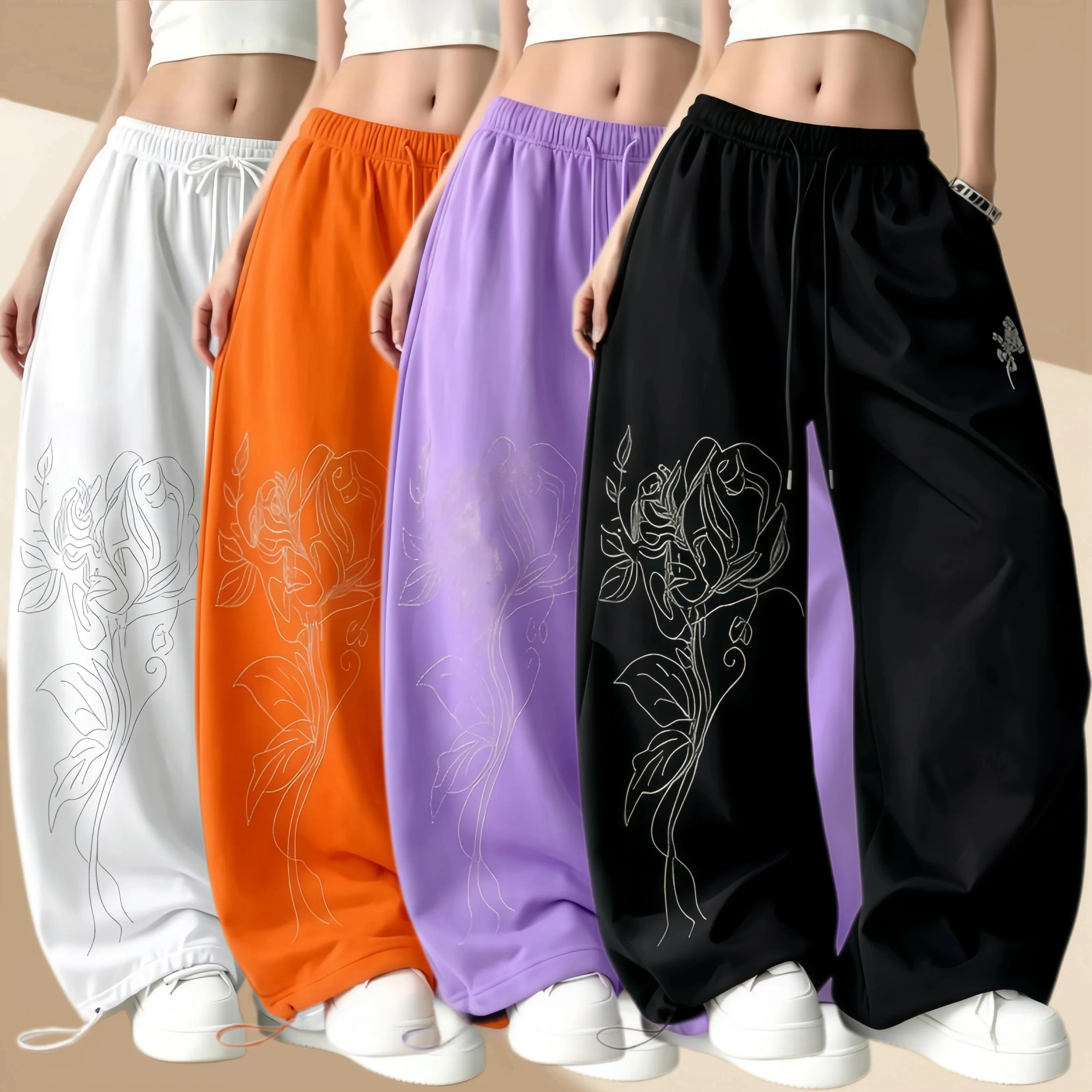 summer-new-style-rose-rhinestone-wide-leg-square-dance-pants-women's-thin-elastic-waist-casual-sports-long-trousers