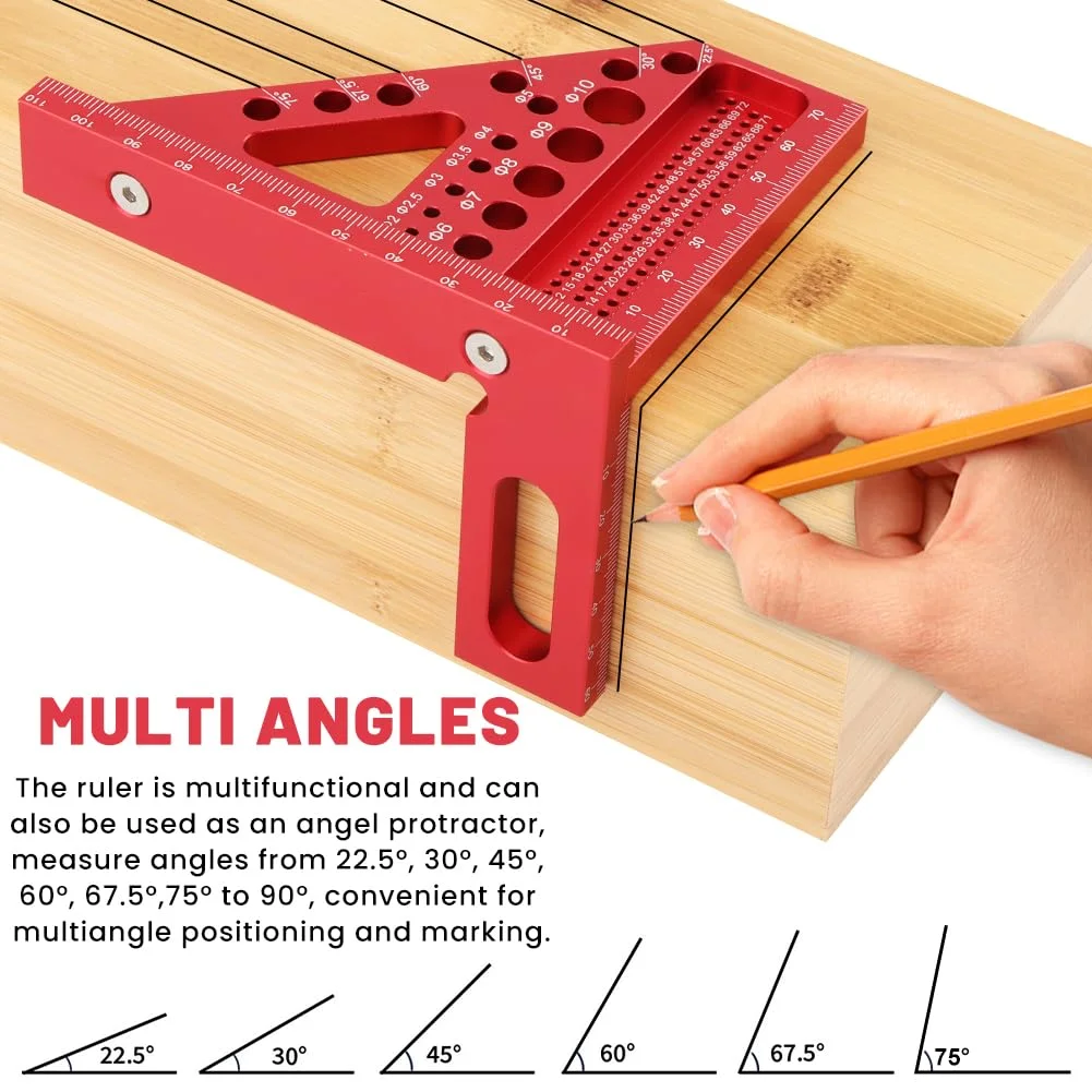1pc Woodworking Multi‑Angle Square Protractor, Plastic Scriber Miter Ruler with Dowel Pins for Woodworking Measuring Marking