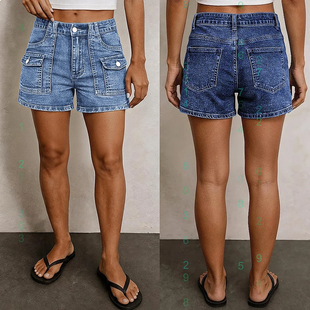High Waist Stretch Denim Shorts Women Cargo Pocket Butt Lifting Slim Fit Casual Denim Shorts Spring Summer
