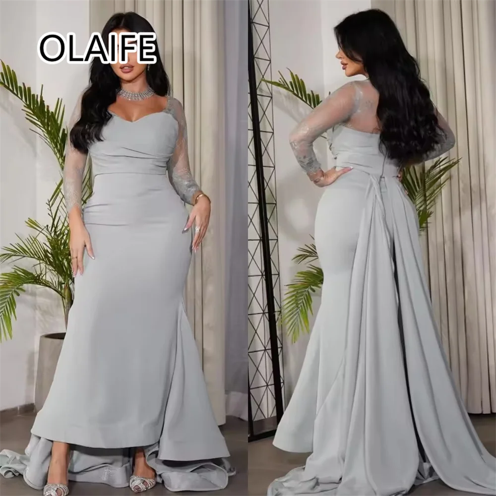 

Customized Plus Size Women's Off-Shoulder Satin Sheath Formal Evening Dress Sweep Court Long Illusion Sleeve Prom Arab Gown