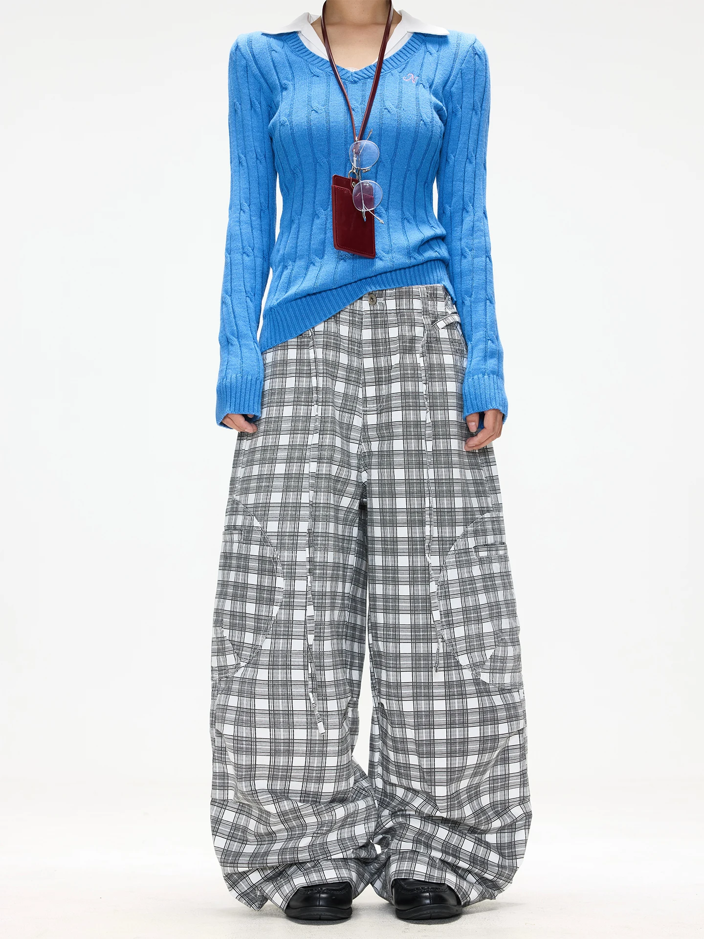 

Женские повседневные брюки Chen Zhanlao Store в клетку, деконструированный дизайн, рабочая одежда, свободные широкие брюки с высокой талией, прямые штанины