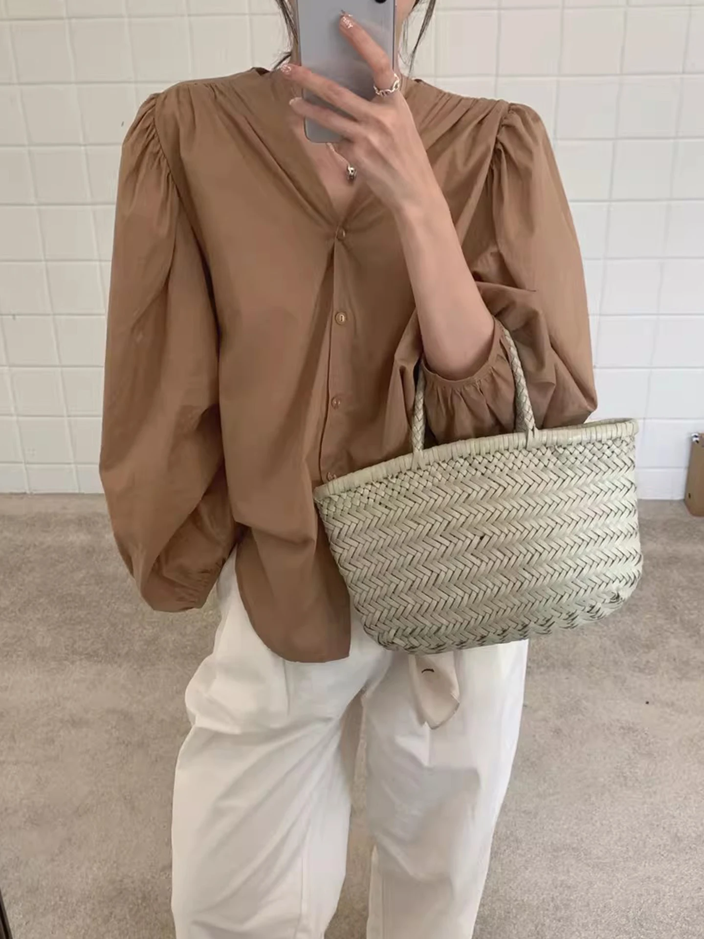 

Loose Casual Long Sleeve V-Neck Single Button Shirt Women's Summer New Style Pure Color Lazy Style Top Polyester Fiber