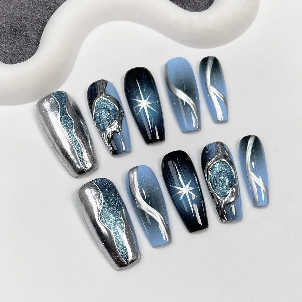 Handmade Korean Luxury Press on Nails with Design Reusable Adhesive Cat Eye False Nails Artifical Nail Tip Stick-on Nail Art Y2K