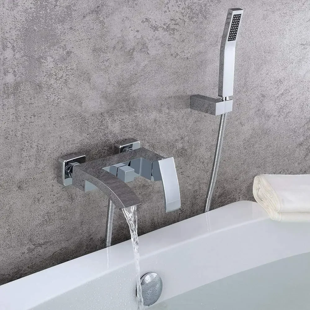 Brass Waterfall Wall-Mounted Bathroom Bathtub Faucet with Handheld Shower