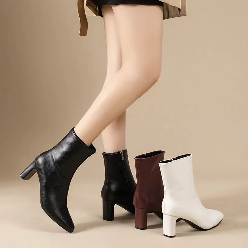 Boots for Women Side Zipper Stretch Middle Heel Large Size Short Boot Fashion Pointed Shoes Botas De Mujer
